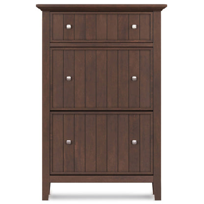 Acadian entryway shoe storage cabinet brown with two upper and two lower doors silver knobs on Tampa Home & Garden Store