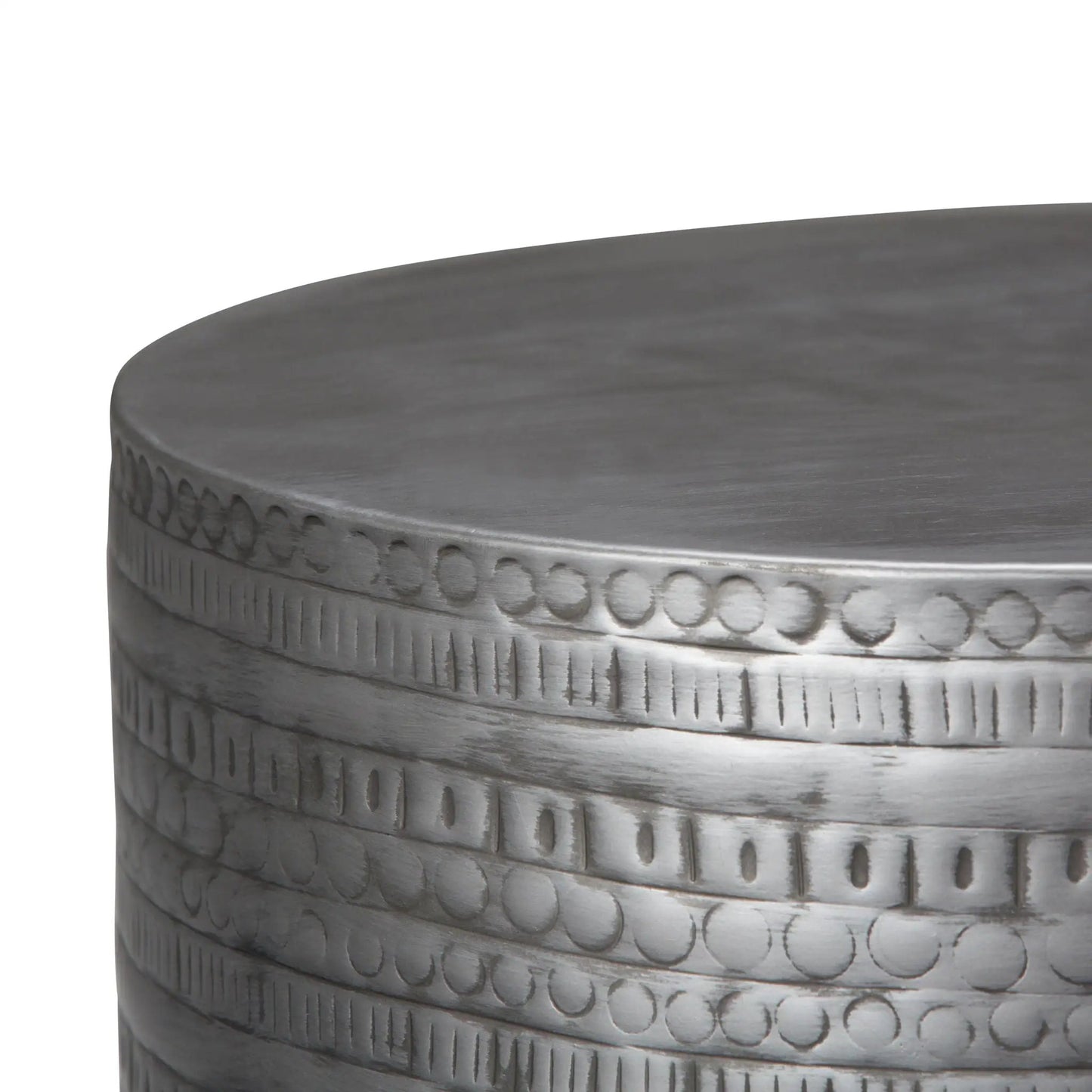 Johnsen handcrafted large metal accent table, gunmetal gray with textured edge detailing on Tampa Home & Garden Store