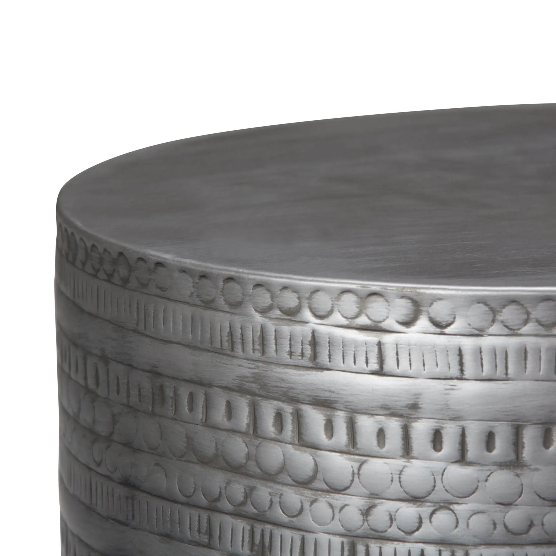 Johnsen handcrafted large metal accent table, gunmetal gray with textured edge detailing on Tampa Home & Garden Store