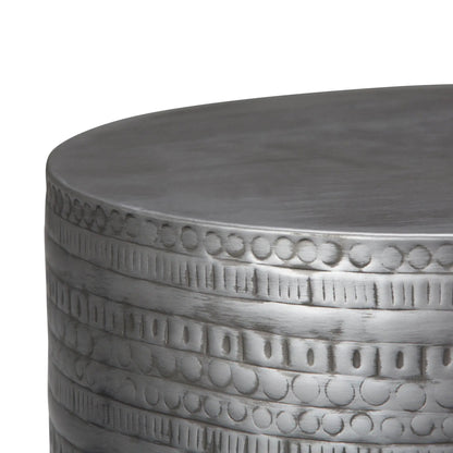 Johnsen handcrafted large metal accent table, gunmetal gray with textured edge detailing on Tampa Home & Garden Store