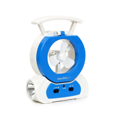 Desk cooling fan with blue circular housing, white base, 180° adjustable LED lamp, iMountEK on Tampa Home & Garden Store