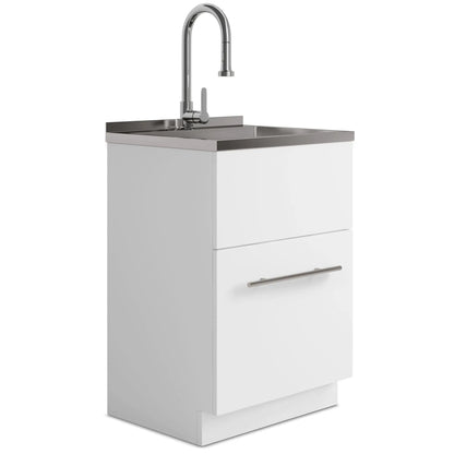 Metro laundry vanity with chrome gooseneck faucet and stainless steel sink on Tampa Home & Garden Store