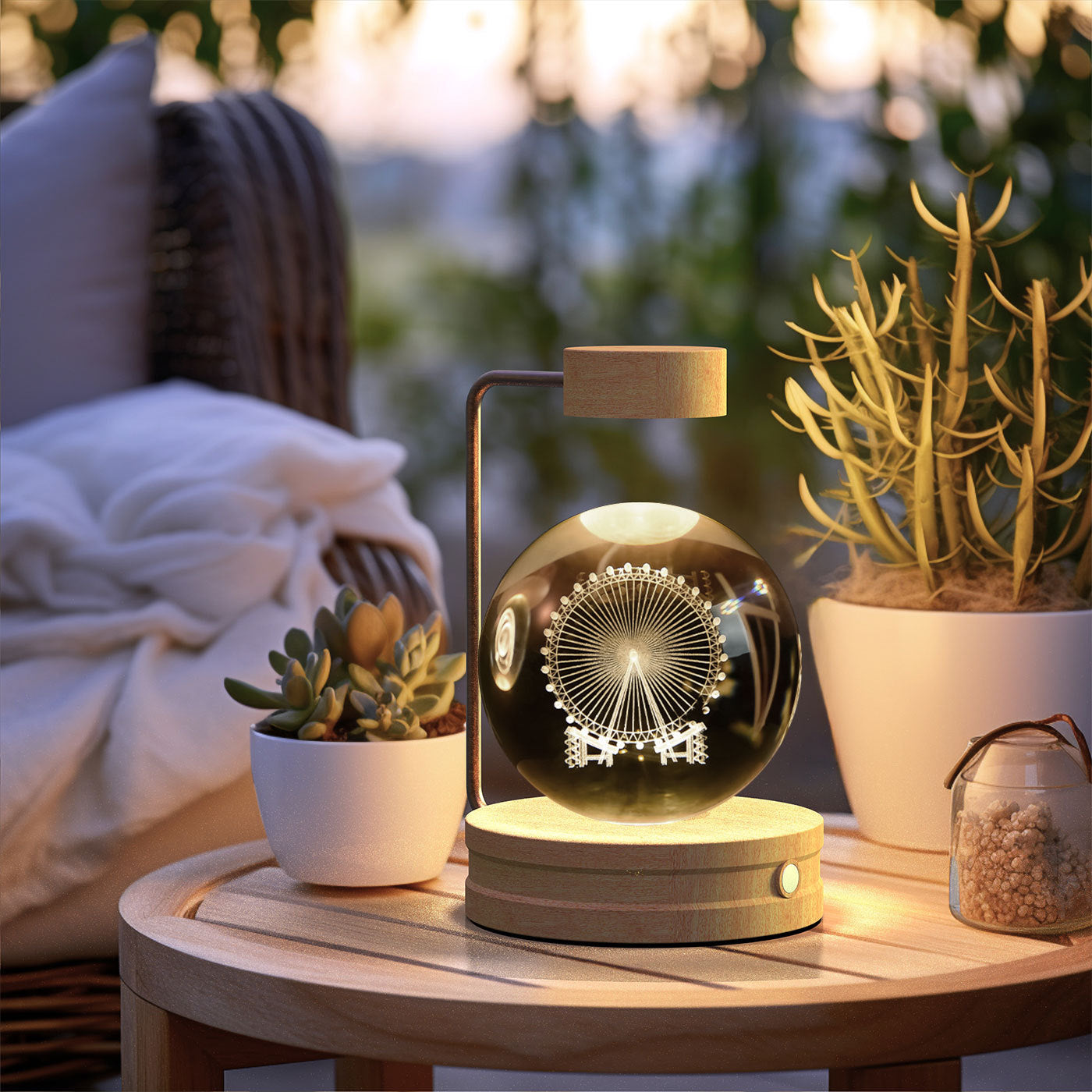 Crystal Ball Night Light with wooden base, glass sphere, USB powered warm bedside lamp on Tampa Home & Garden Store