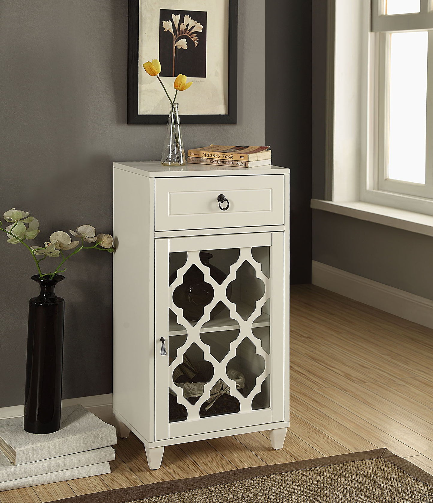 Ceara White Accent Table with top drawer and glass-front lattice cabinet on Tampa Home & Garden Store