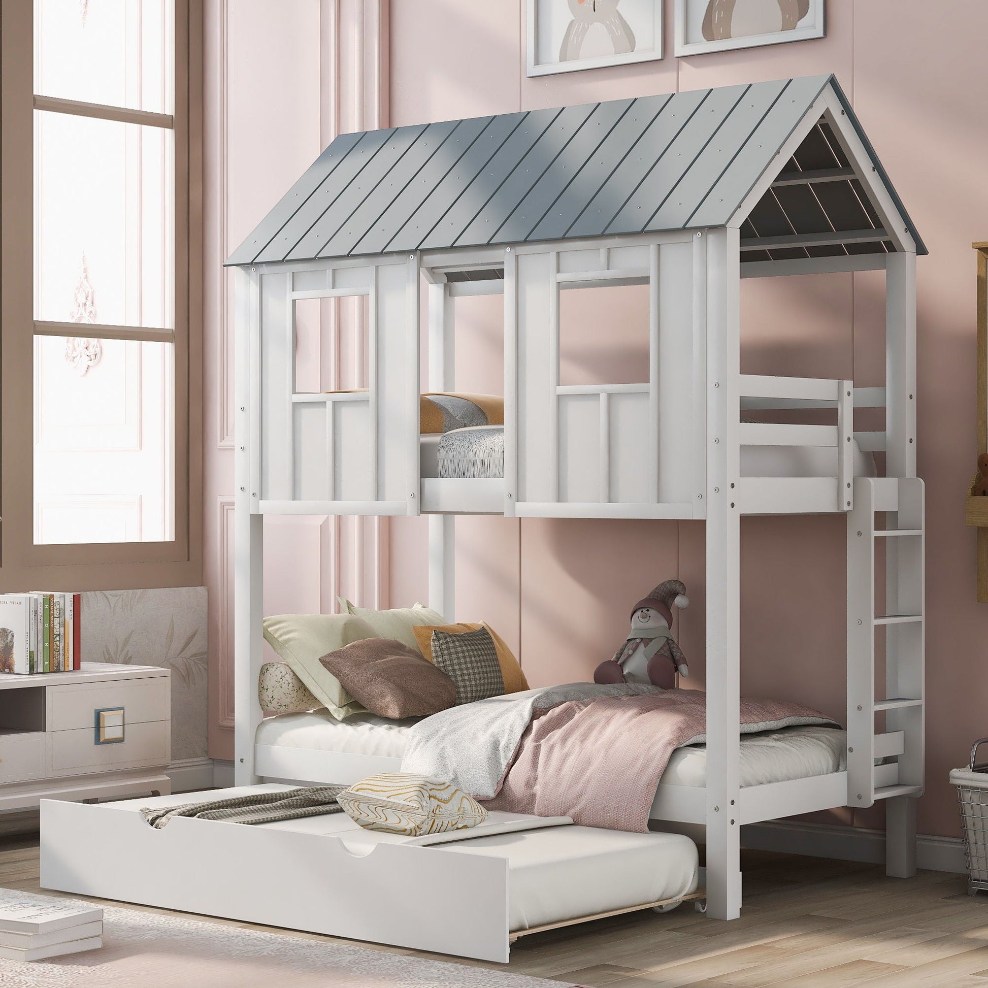Twin size bunk bed with trundle in white, gray roof panels from HouseOfZazla on Tampa Home & Garden Store