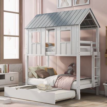 Twin size bunk bed with trundle in white, gray roof panels from HouseOfZazla on Tampa Home & Garden Store