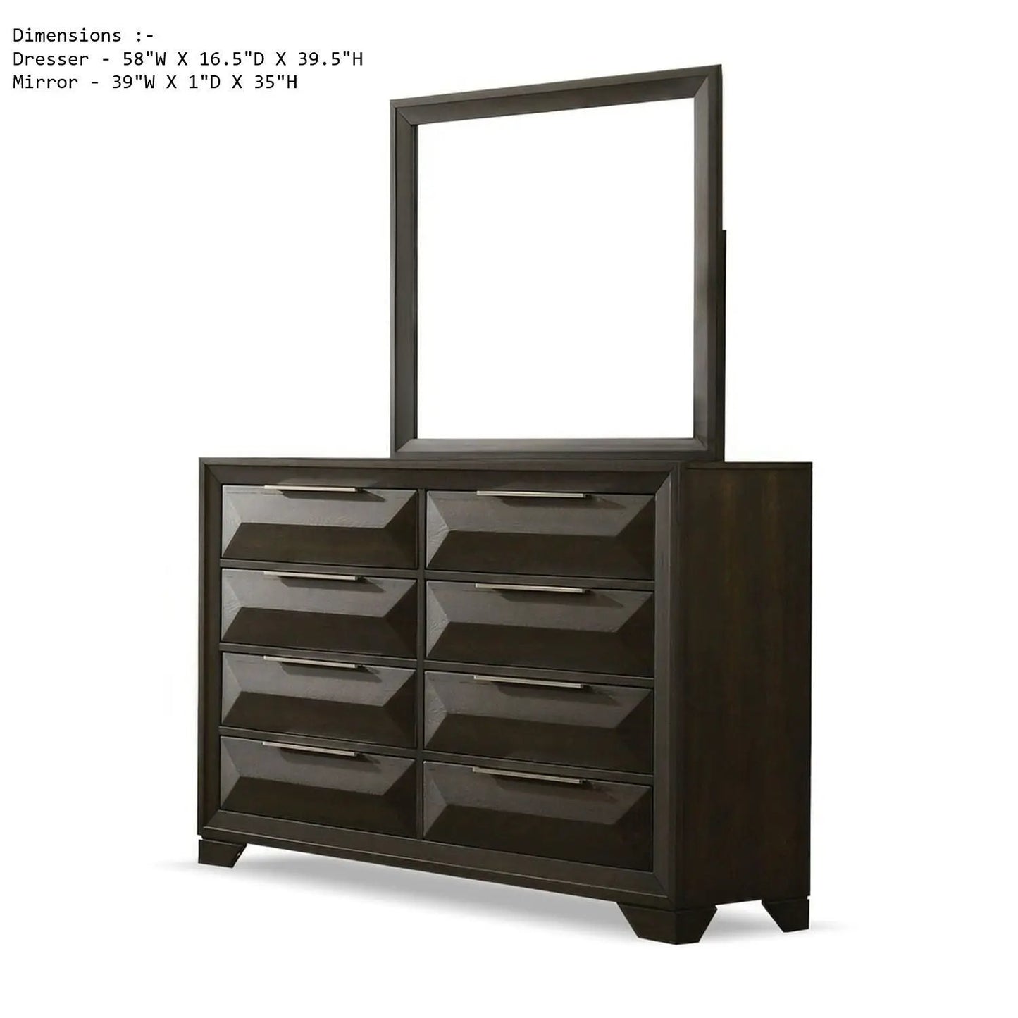 Dresser with Mirror in espresso, 8-drawer chest with beveled fronts and bracket feet on Tampa Home & Garden Store