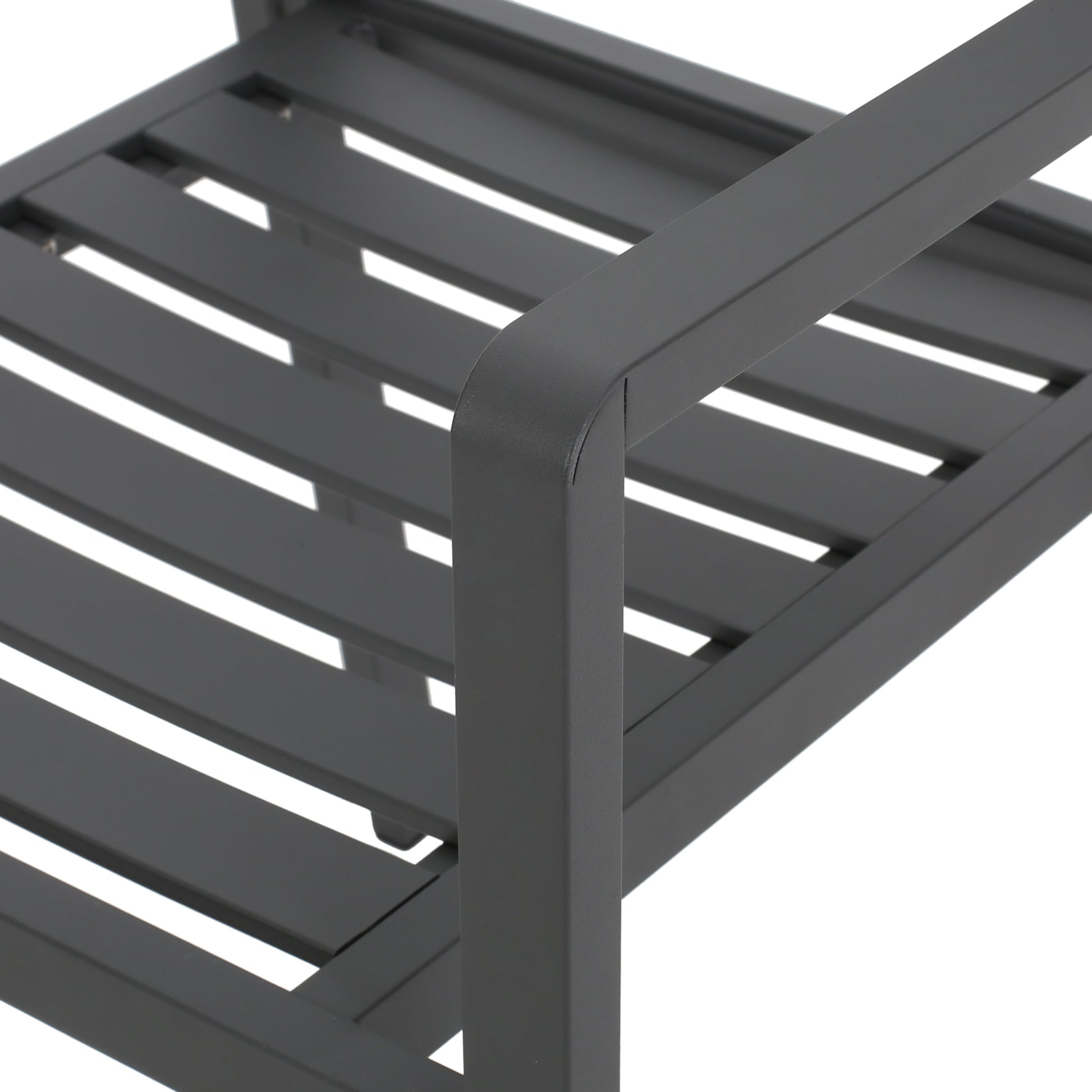 Outdoor Modern Aluminum Dining Chair set of 2 gun metal gray with slatted seat and curved arm on Tampa Home & Garden Store