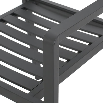 Outdoor Modern Aluminum Dining Chair set of 2 gun metal gray with slatted seat and curved arm on Tampa Home & Garden Store