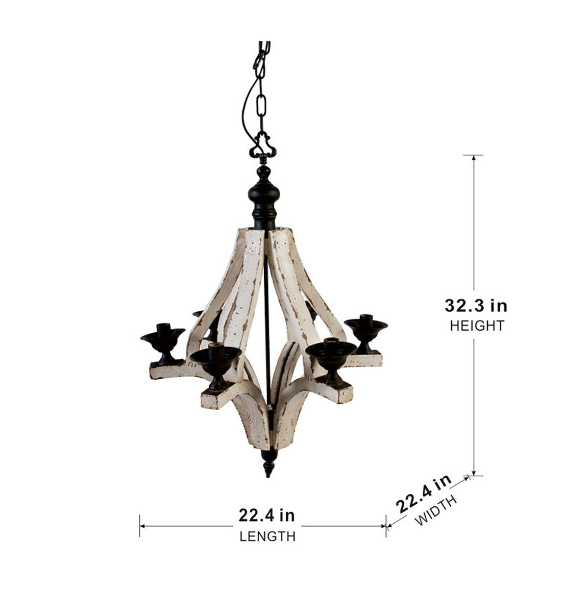 6-Light Cream Distressed Wood Chandelier with black metal accents and hanging chain on Tampa Home & Garden Store