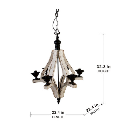 6-Light Cream Distressed Wood Chandelier with black metal accents and hanging chain on Tampa Home & Garden Store