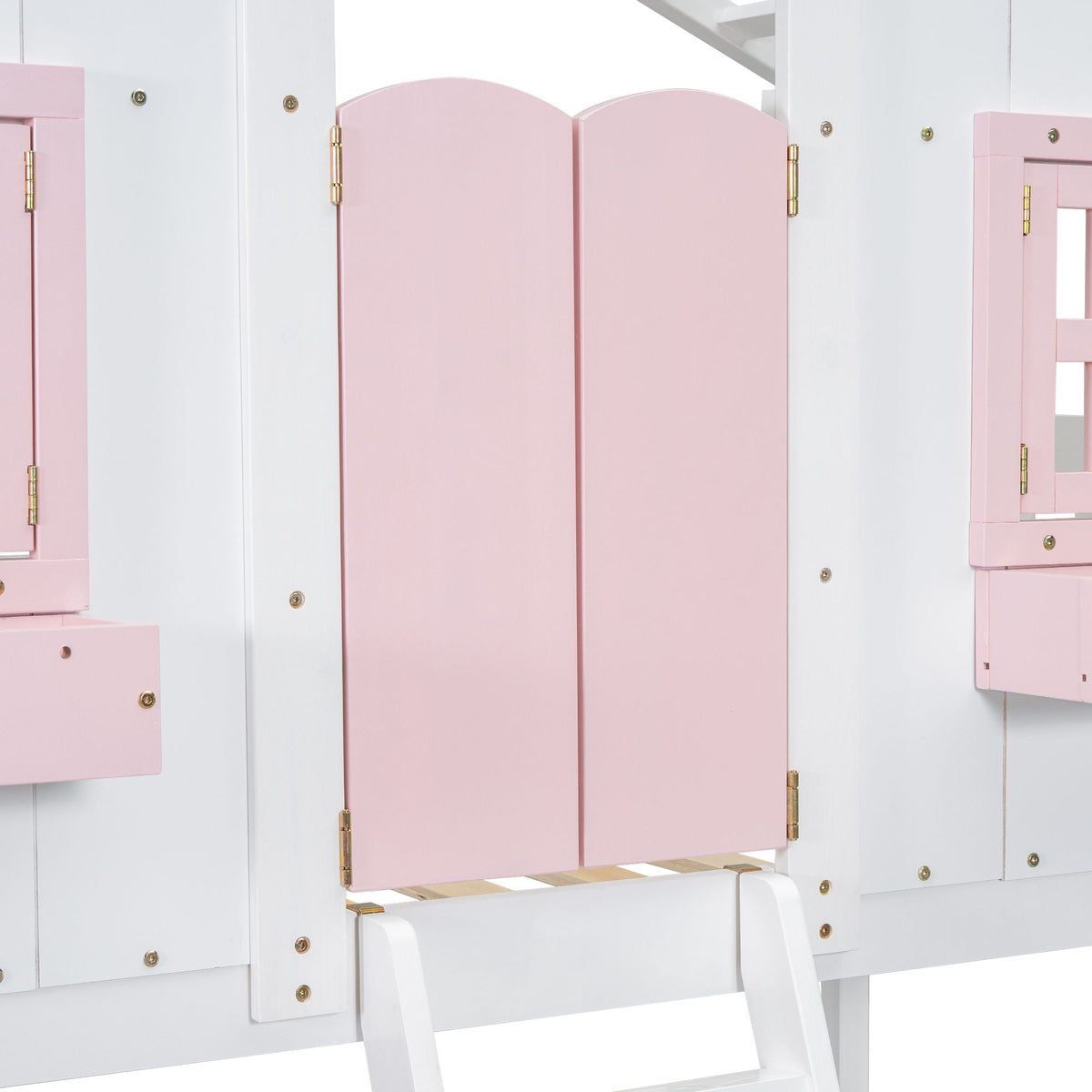 House bunk bed with pink arched panels, white frame, roof and ladder HouseOfZazla on Tampa Home & Garden Store