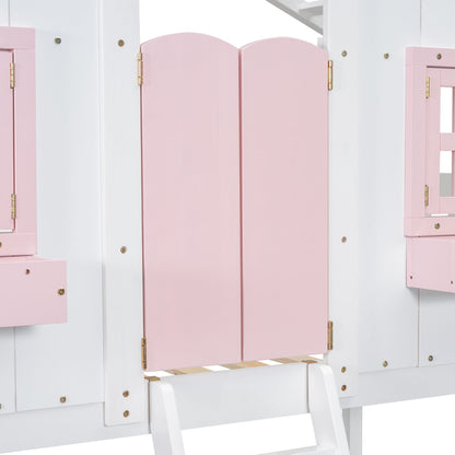 House bunk bed with pink arched panels, white frame, roof and ladder HouseOfZazla on Tampa Home & Garden Store