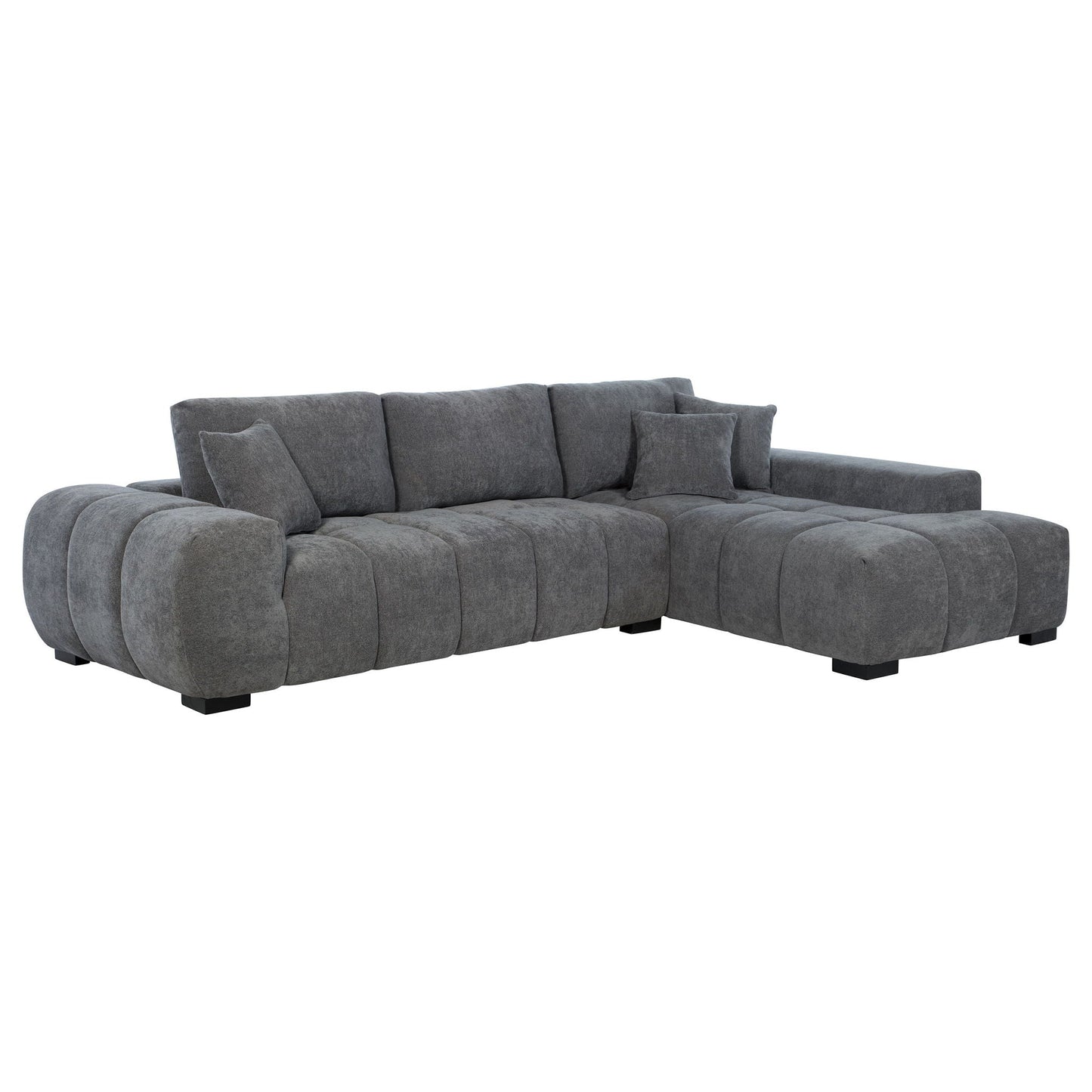 Plather Sectional Chaise Sofa by HouseOfZazla, gray plush fabric with tufted cushions on Tampa Home & Garden Store