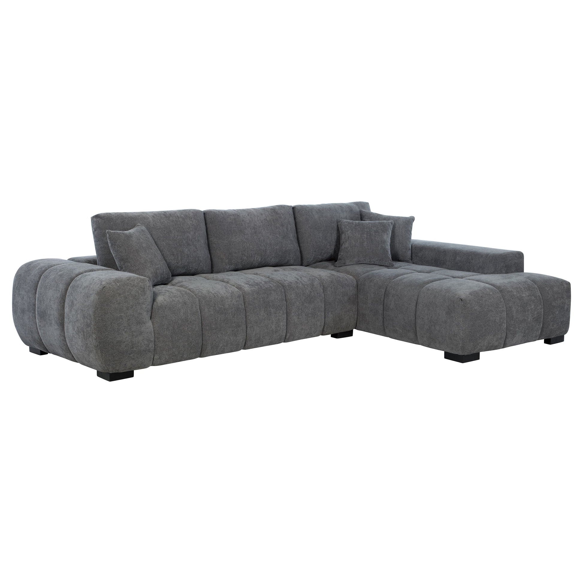 Plather Sectional Chaise Sofa by HouseOfZazla, gray plush fabric with tufted cushions on Tampa Home & Garden Store