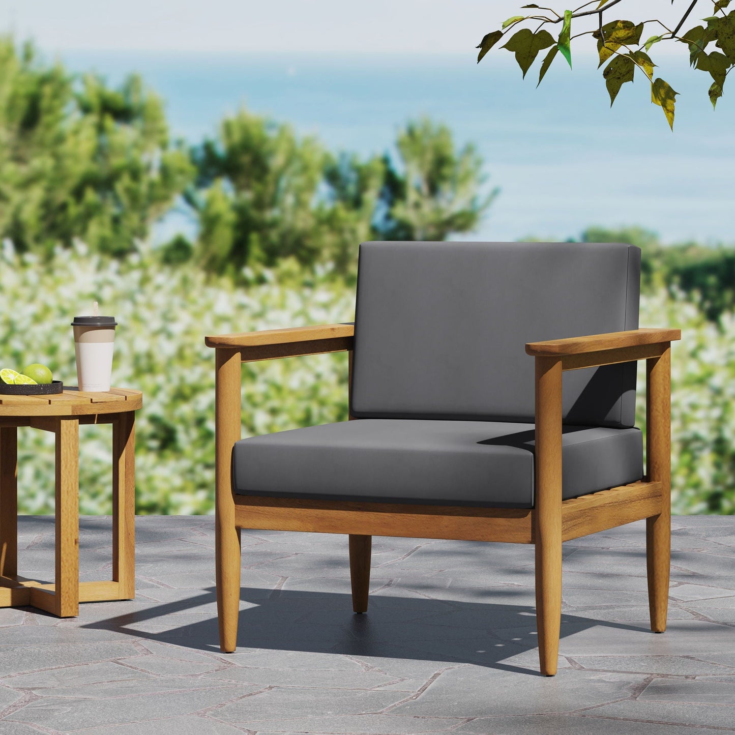Outdoor Club Chair with teak acacia wood frame and dark gray cushions HouseOfZazla on Tampa Home & Garden Store