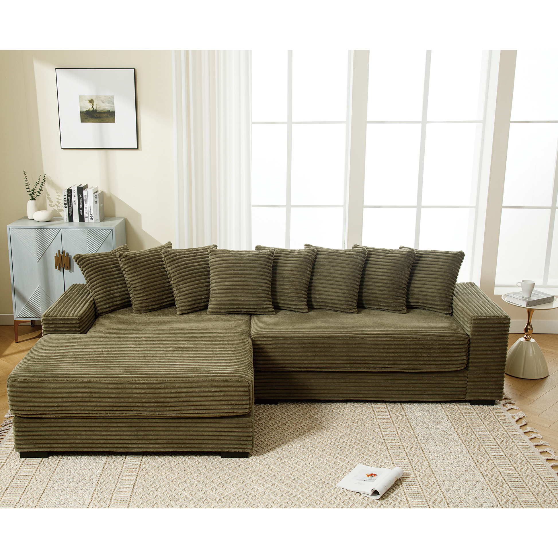 Oversized two-piece corduroy sofa with left chaise daybed in olive-brown fabric on Tampa Home & Garden Store