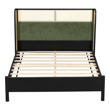 Queen size bed frame with plush green upholstered headboard, black frame and cane panel on Tampa Home & Garden Store