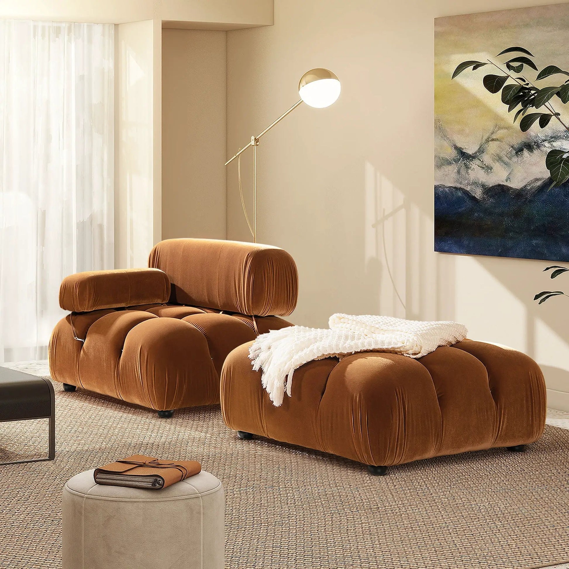 Marcel Bubble Modular Modern Cocktail Ottoman three-piece brown leather tufted set on Tampa Home & Garden Store