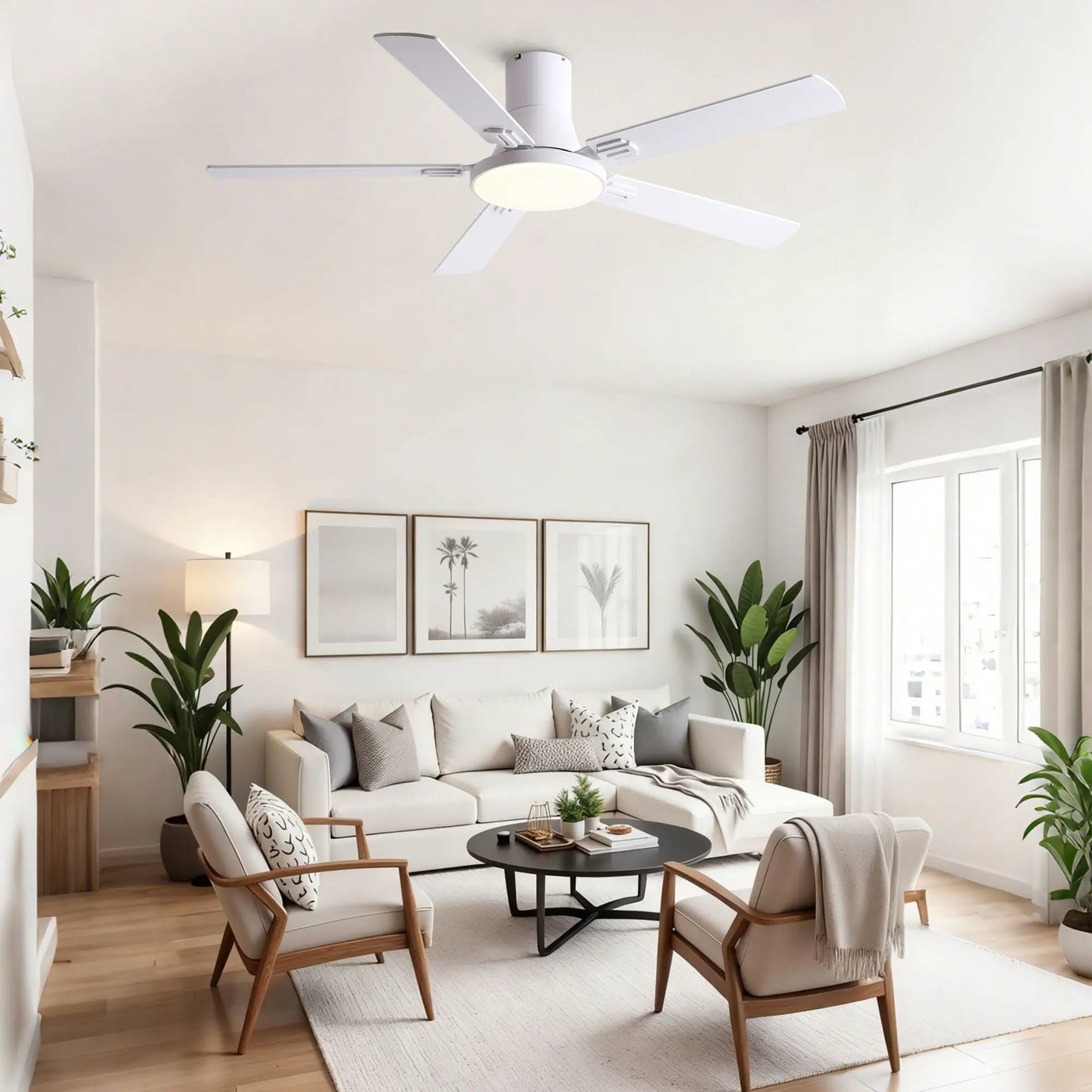 Flush Mount Ceiling Fan With LED Light And Remote Control, 5 Blades white finish in living room on Tampa Home & Garden Store