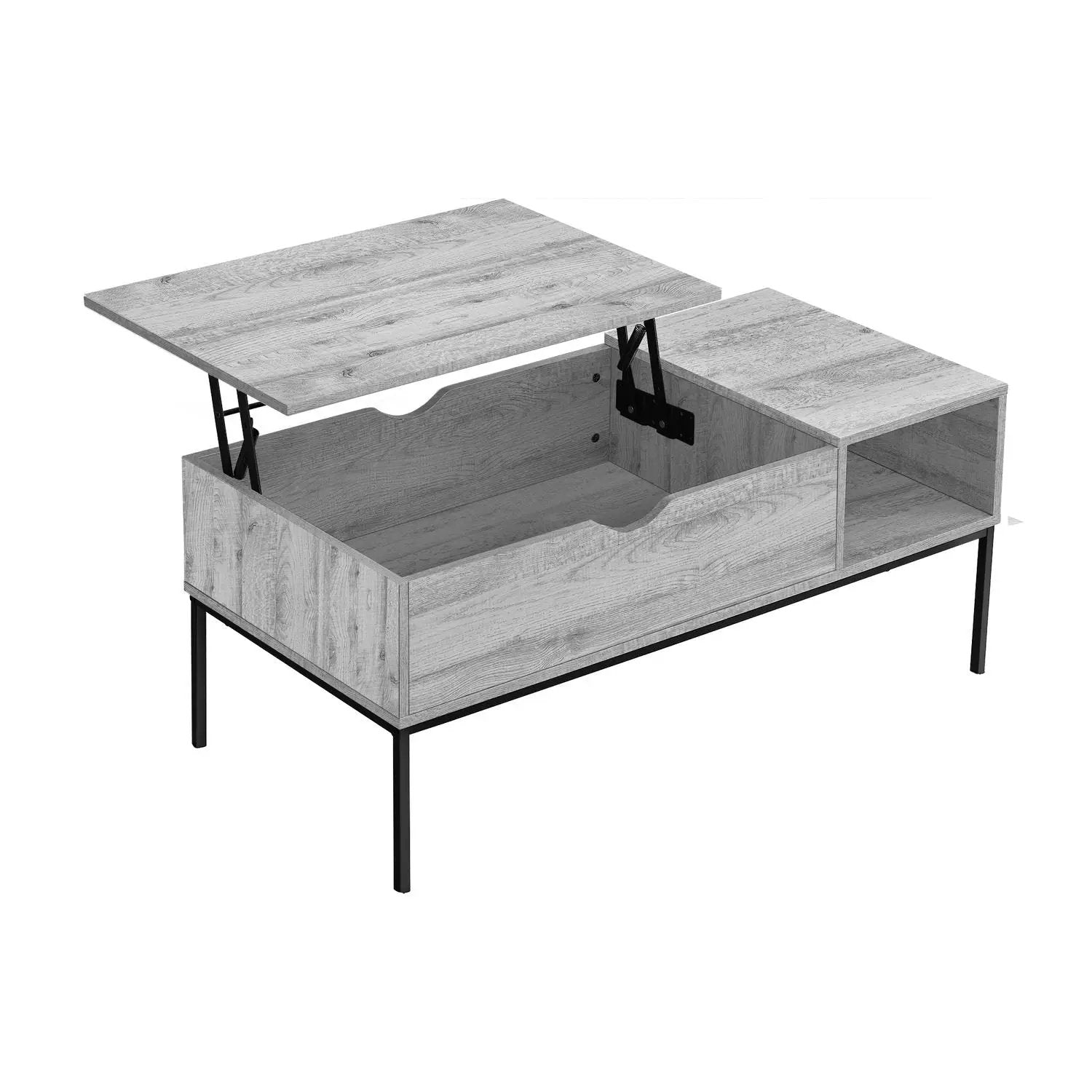 Rectangular lift-top coffee table in light gray wood with black metal legs and storage on Tampa Home & Garden Store