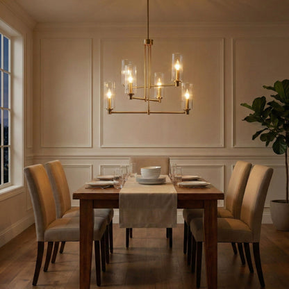 Timeless 6-light chandelier antique brass with clear ribbed glass shades on Tampa Home & Garden Store