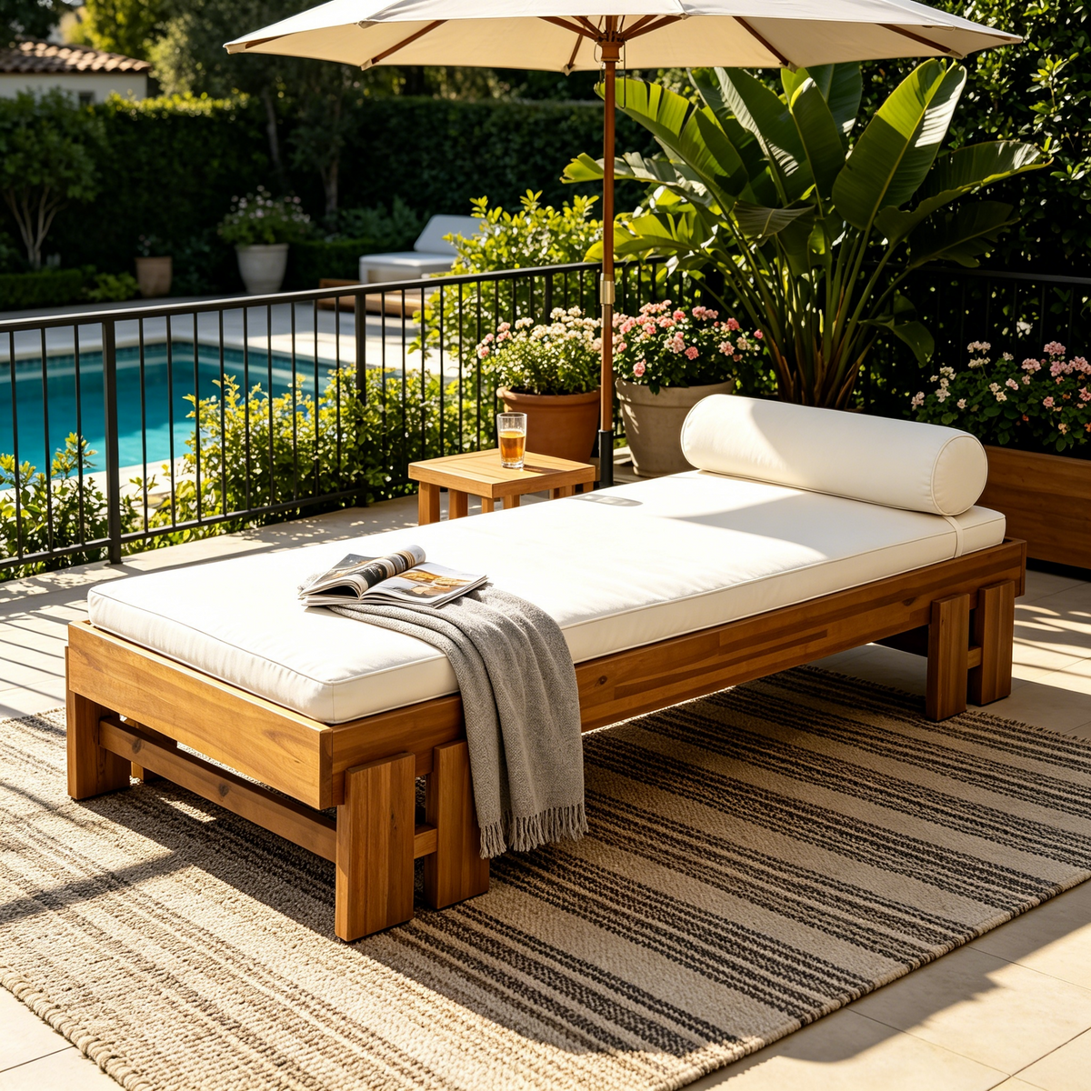 Teak-finish acacia wood daybed with cream cushions for outdoor patio seating by a pool on Tampa Home & Garden Store