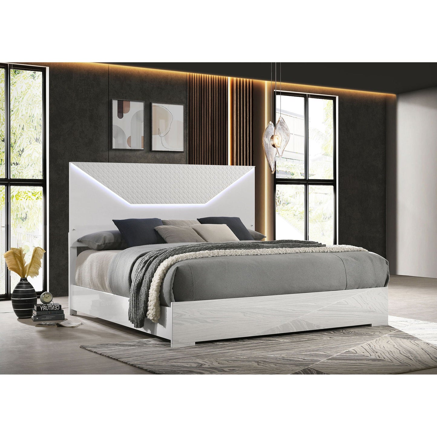 Pierce Panel Bed LED Headboard white glossy bed frame with LED accents HouseOfZazla on Tampa Home & Garden Store