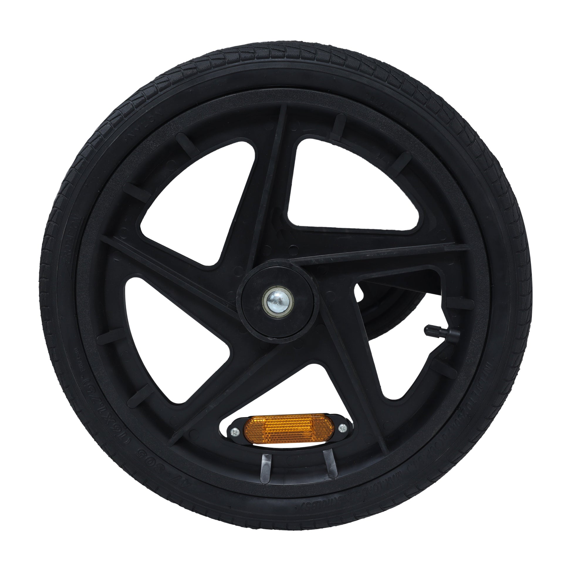 Pet trailer wheel with 16-inch all-terrain tire, black rim and amber reflector on spokes on Tampa Home & Garden Store