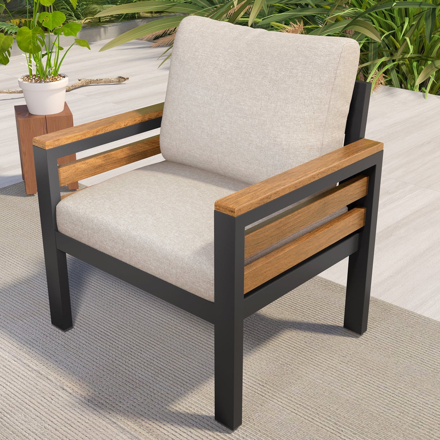 Go 4-Piece Outdoor Furniture Sofa Set beige cushioned chair with wood arms and black frame on Tampa Home & Garden Store