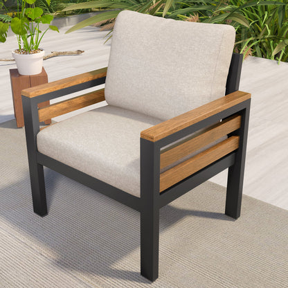 Go 4-Piece Outdoor Furniture Sofa Set beige cushioned chair with wood arms and black frame on Tampa Home & Garden Store