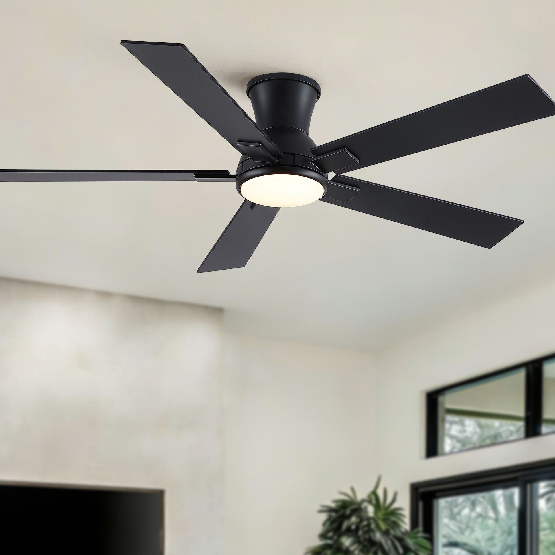 Low-profile black ceiling fan with integrated LED light, 5 blades, reversible quiet motor on Tampa Home & Garden Store