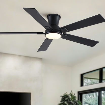 Low-profile black ceiling fan with integrated LED light, 5 blades, reversible quiet motor on Tampa Home & Garden Store