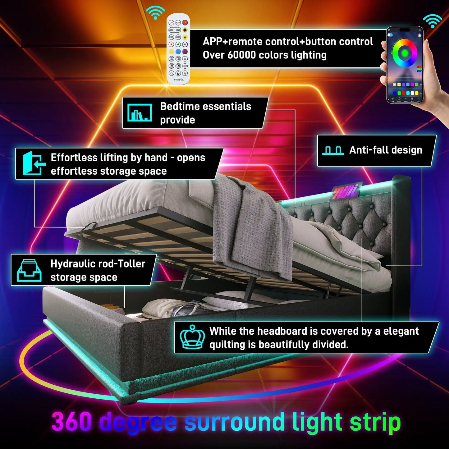 Unique Piece Furniture upholstered storage bed with 360° LED lights, hydraulic lift, remote on Tampa Home & Garden Store