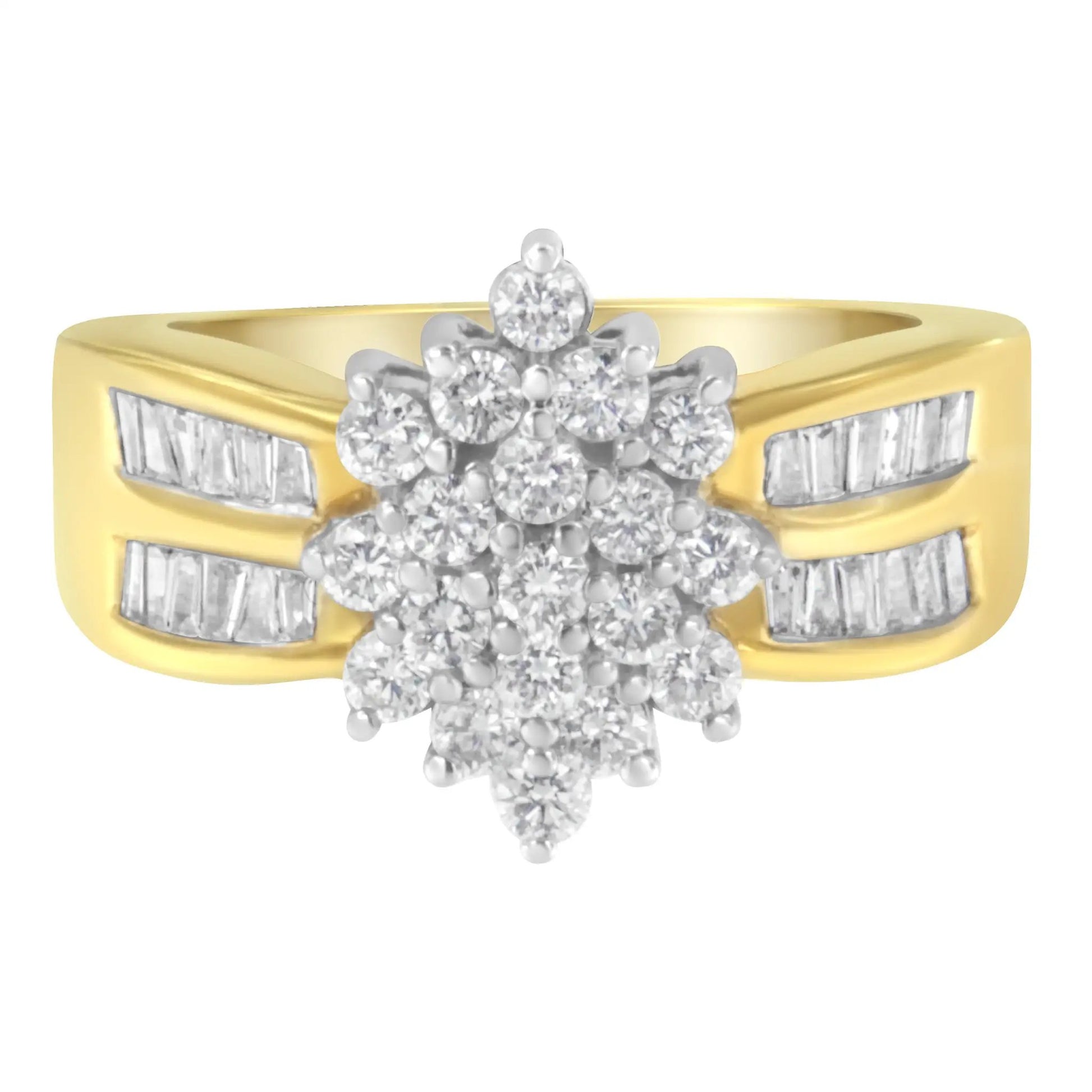 10K yellow gold ring with a diamond flower cluster and baguette side stones on flared band on Tampa Home & Garden Store