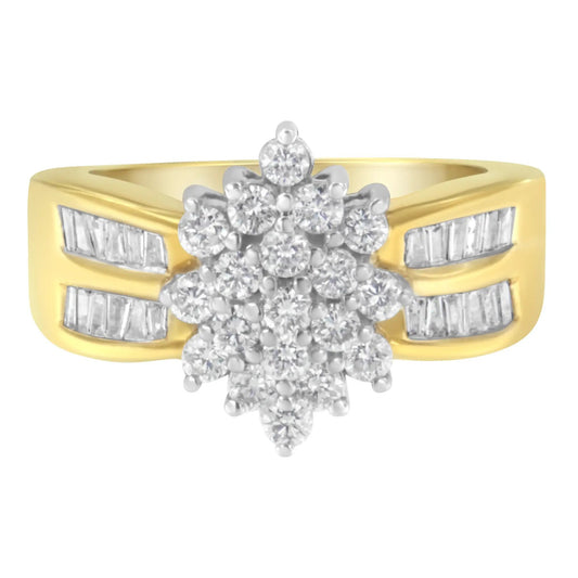 10K yellow gold ring with a diamond flower cluster and baguette side stones on flared band on Tampa Home & Garden Store