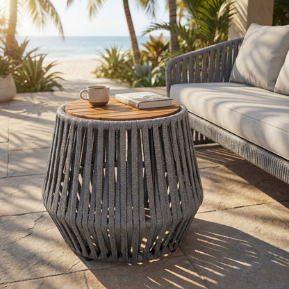 Outdoor Acacia Wood Side Table and Grey Rope
