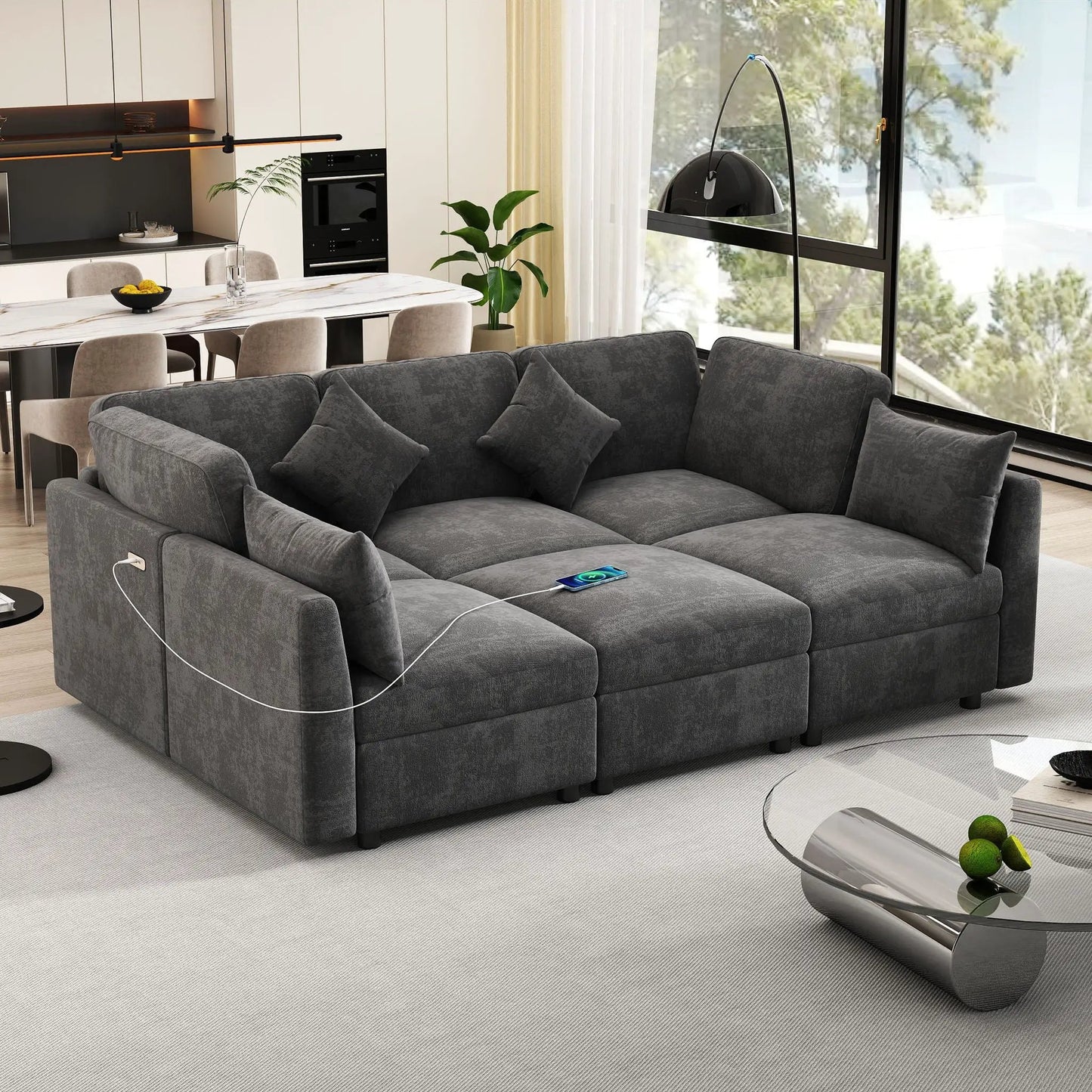 Sectional U-shaped sofa with ottoman and USB ports, dark gray 2pc set by Unique Piece Furniture on Tampa Home & Garden Store