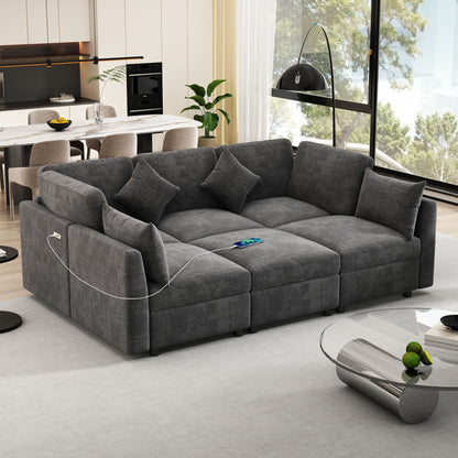 Sectional sofa modular U-shaped with ottoman in dark gray fabric, USB ports on arm on Tampa Home & Garden Store