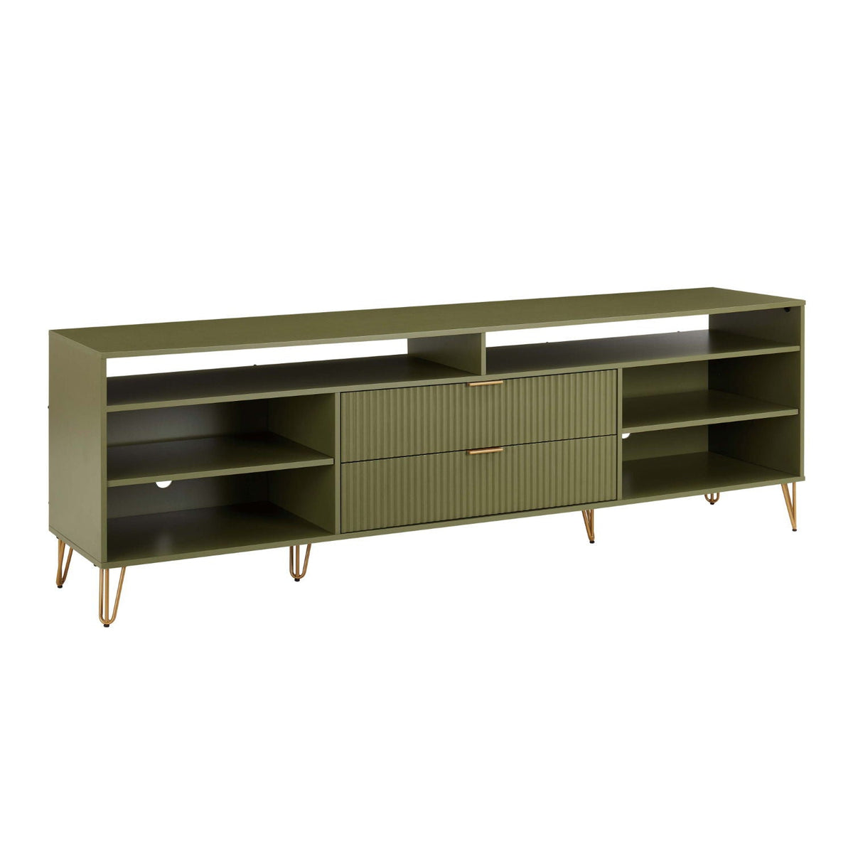 Fluted TV Stand in olive green with gold metal legs, ribbed drawer fronts and open shelves on Tampa Home & Garden Store