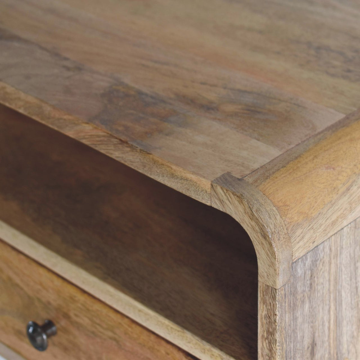 Large floating bedside nightstand with drawer and open slot in oak finish; curved edge detail on Tampa Home & Garden Store
