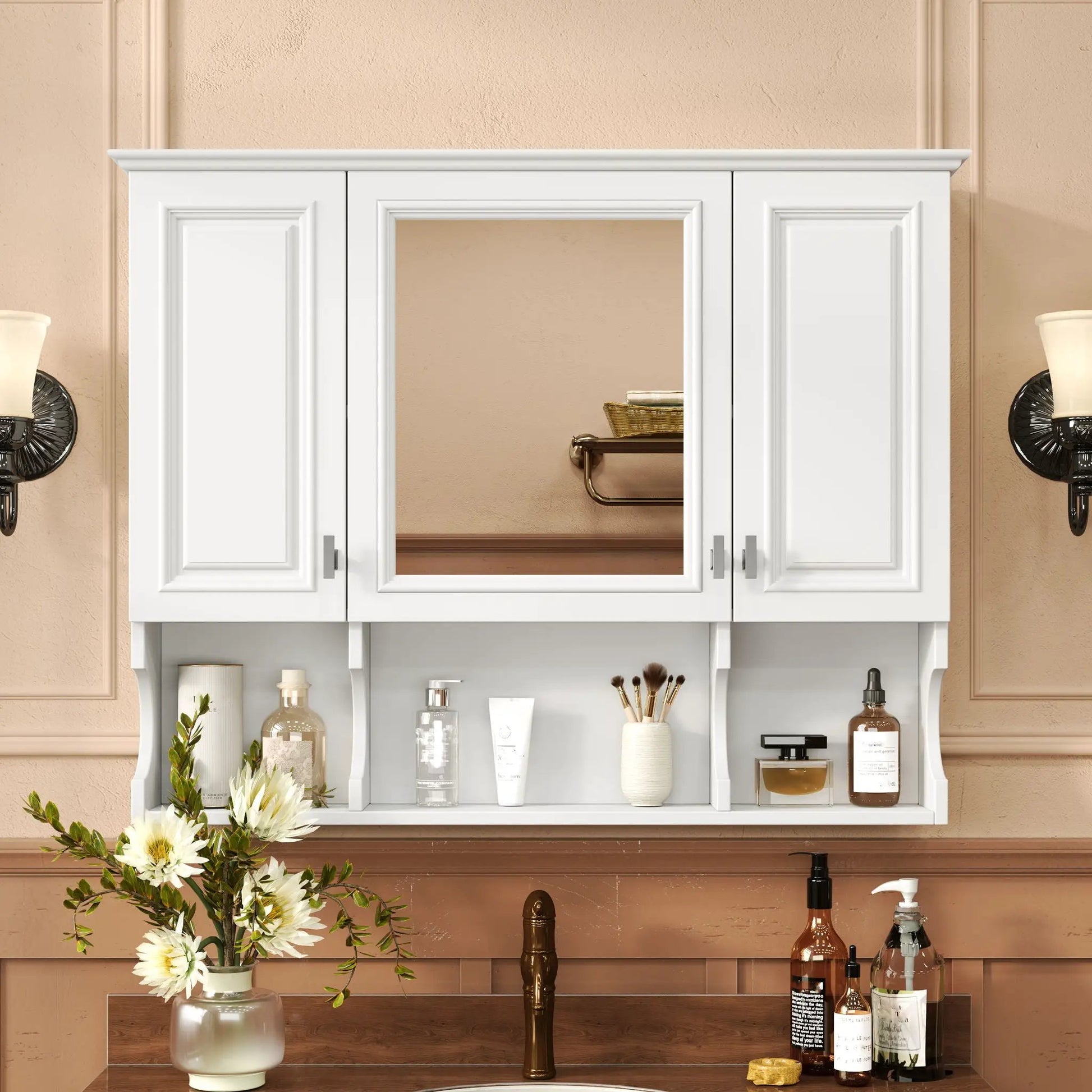 Wall mounted medicine cabinet with mirror and open shelves in white by Unique Piece Furniture on Tampa Home & Garden Store