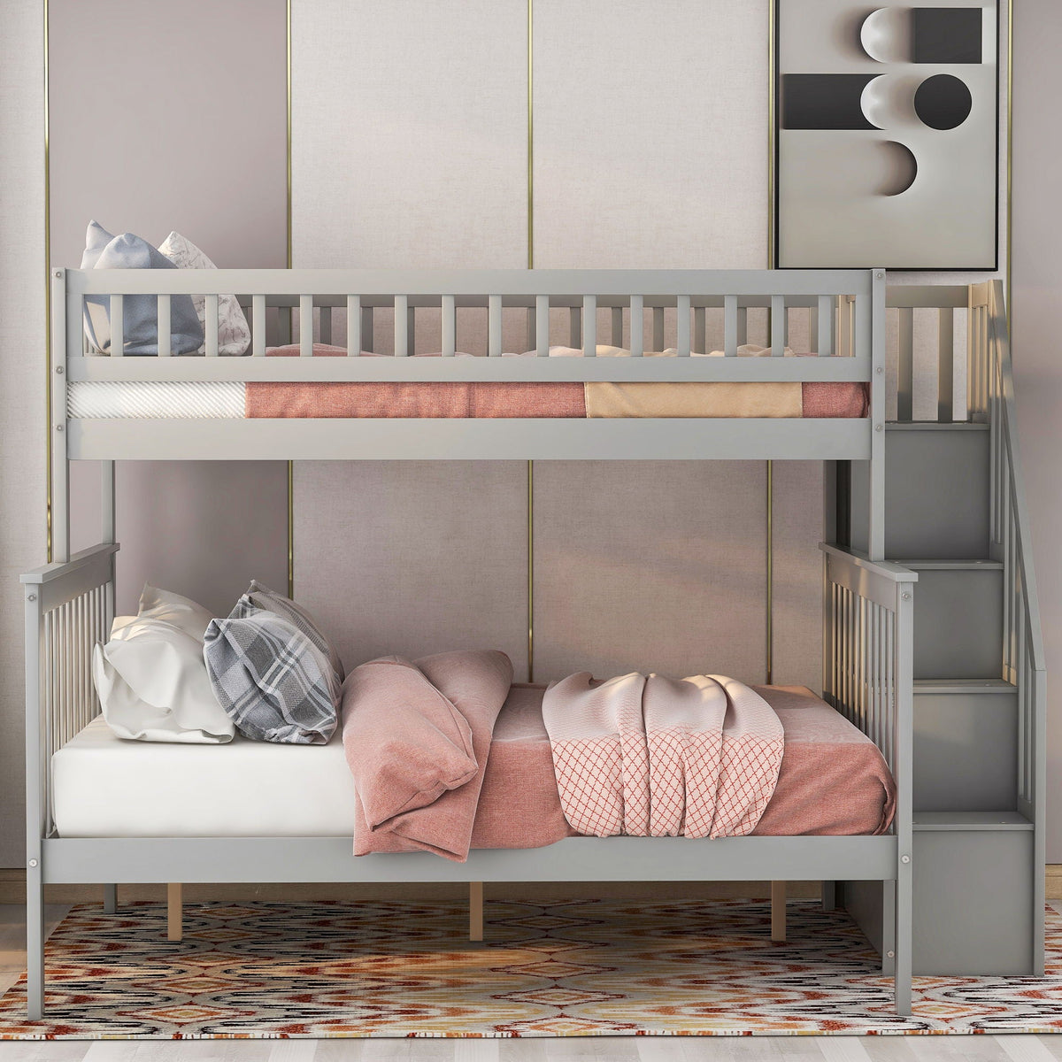 Bunk Bed With Staircase gray metal bunk bed frame with pink bedding by HouseOfZazla on Tampa Home & Garden Store