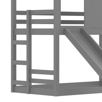 Twin House Bunk Bed with Slide and Storage Shelves in gray finish by HouseOfZazla on Tampa Home & Garden Store