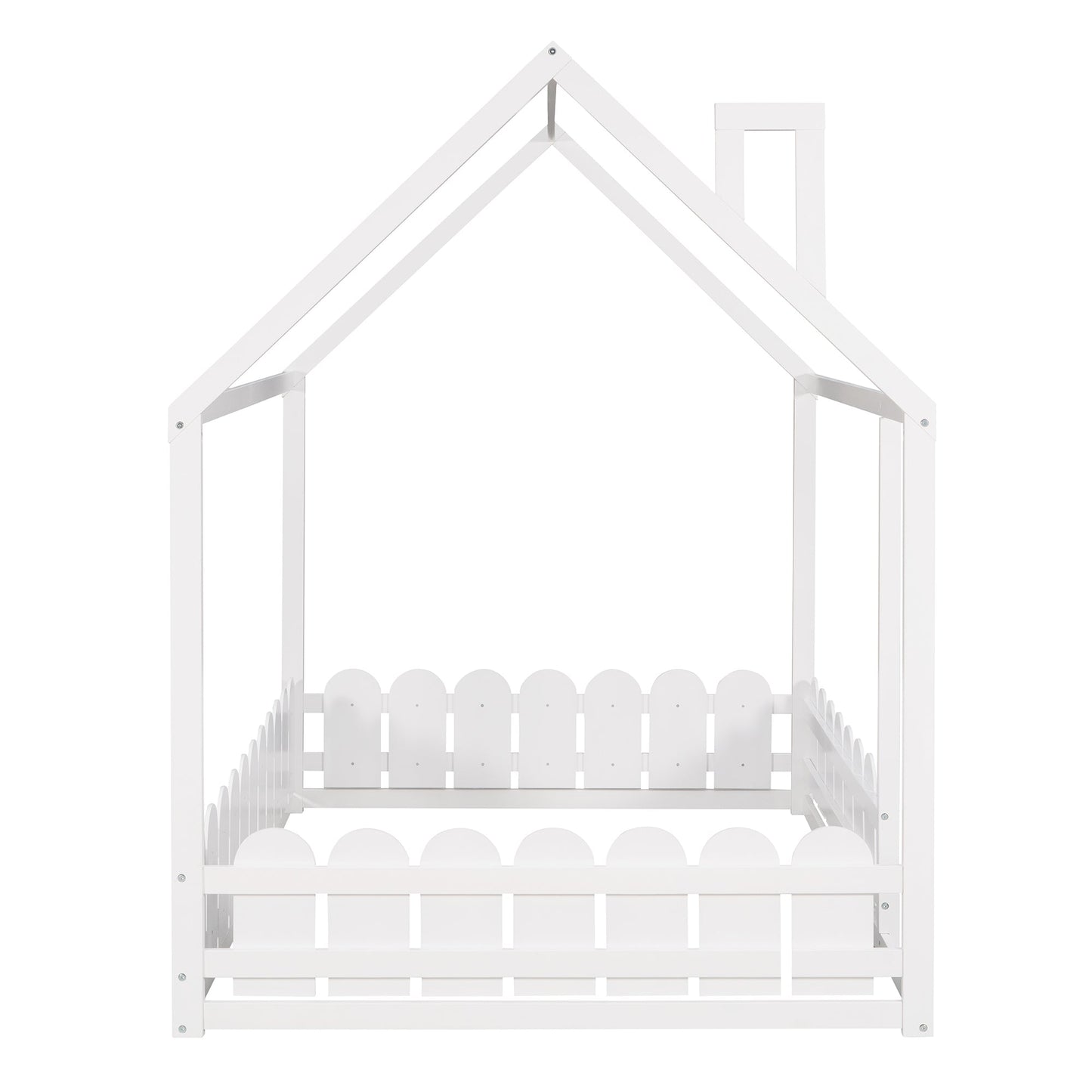 Full Size Wood Bed House Bed Frame with Fence for Kids (White)