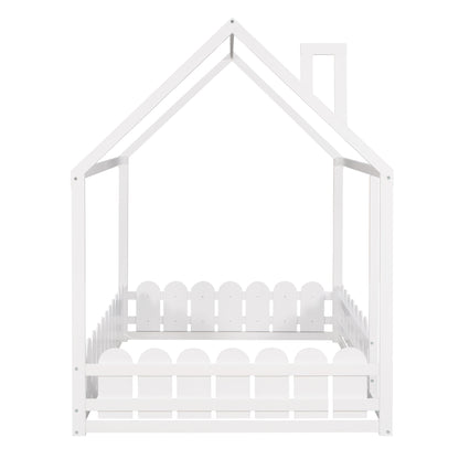 Full Size Wood Bed House Bed Frame with Fence for Kids (White)