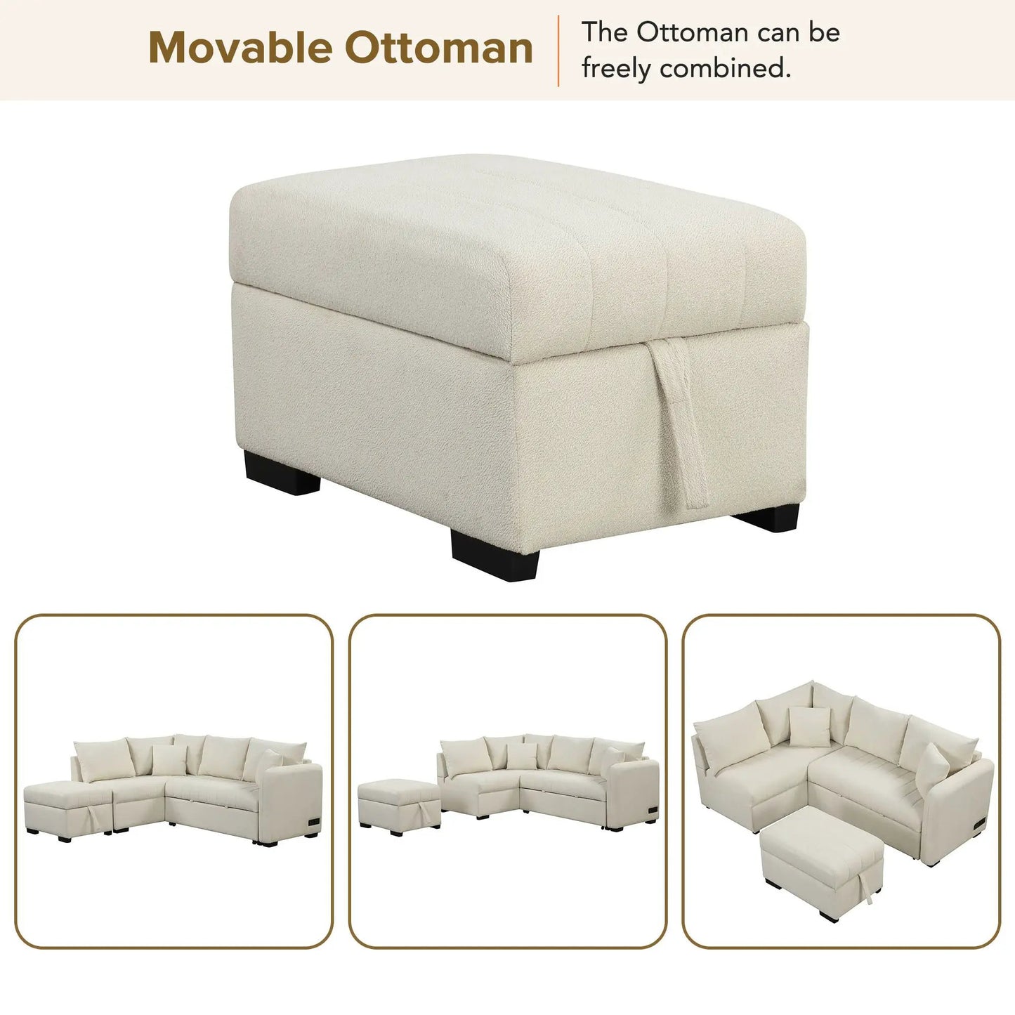 Beige movable storage ottoman with textured fabric and dark square legs on Tampa Home & Garden Store