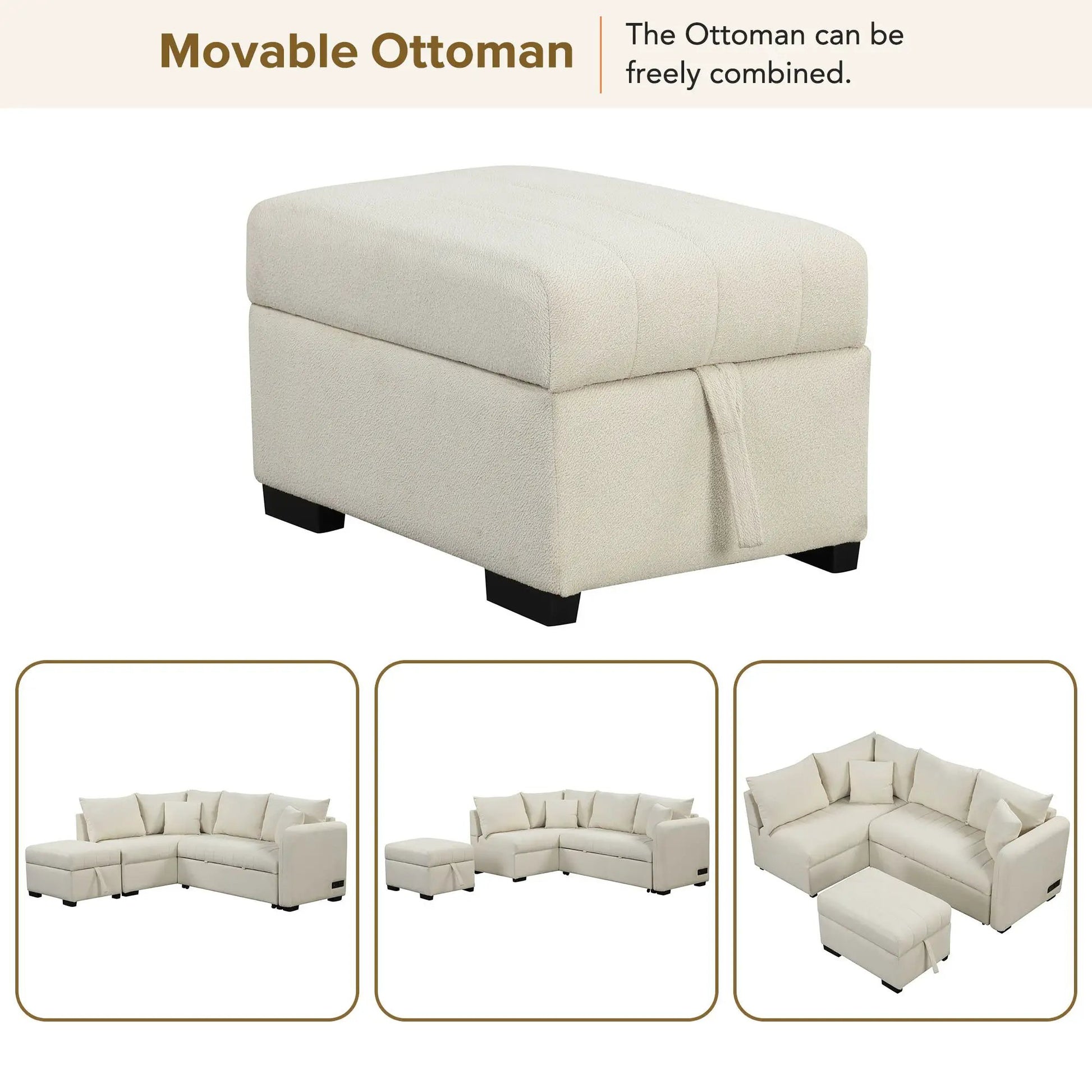 Beige movable storage ottoman with textured fabric and dark square legs on Tampa Home & Garden Store