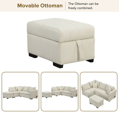Beige movable storage ottoman with textured fabric and dark square legs on Tampa Home & Garden Store
