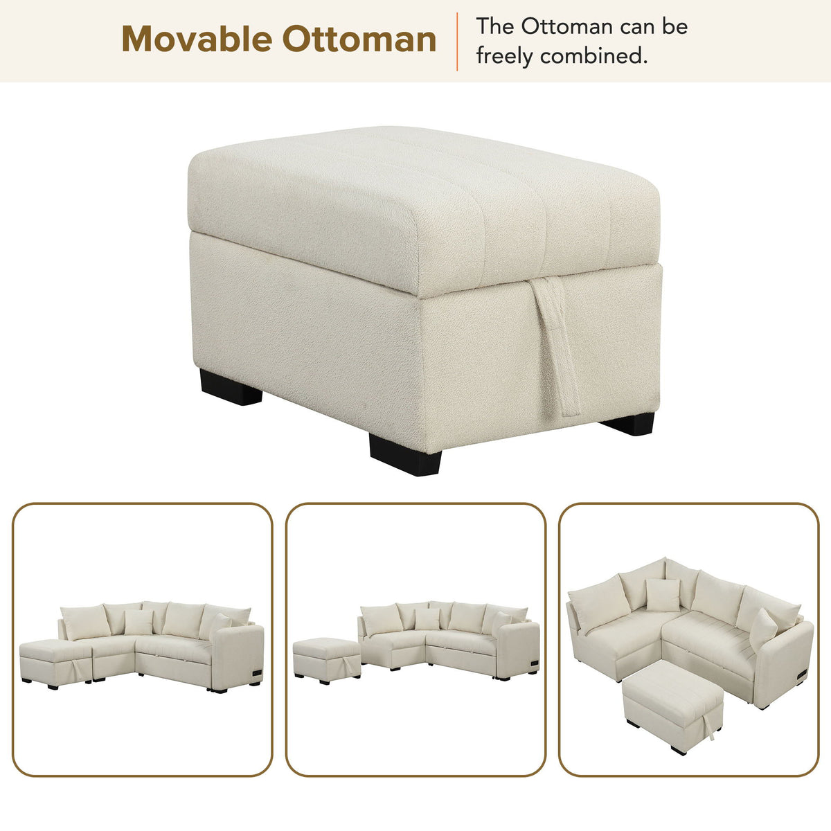 Beige textured fabric movable storage ottoman with lid strap on Tampa Home & Garden Store